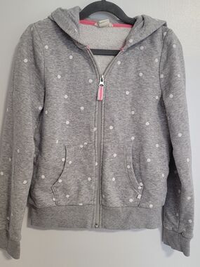 🧸2/20$ H&M Gray Polka Dot Zip-Up Hoodie with Pink Trim Size 8 Girl
